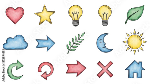 Collection of colorful icons representing various symbols and concepts on a white background