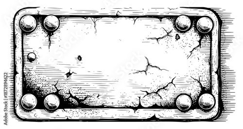 Rectangular stone frame with cracks and rivets in engraved style