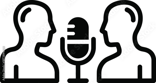 Podcast or interview icon featuring two individuals speaking into a shared microphone for audio content