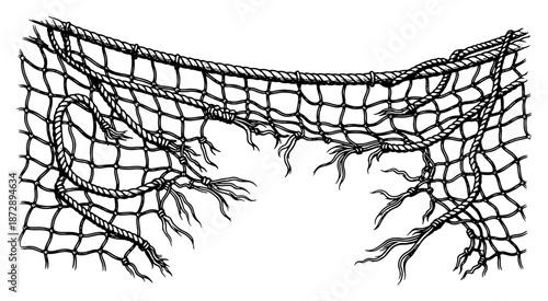 Hand drawn torn fishing net made of rope hanging horizontally