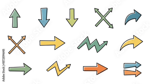 Various colorful arrows pointing in different directions, indicating multiple directions and choices, on a white background, illustrations, flat design