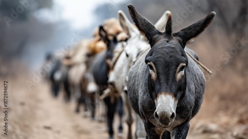 A line of domestic donkeys trudges down a dusty path in a peaceful rural setting. The animals carry loads, highlighting their role in farm life. The soft afternoon light lends warmth to the scene © liliyabatyrova