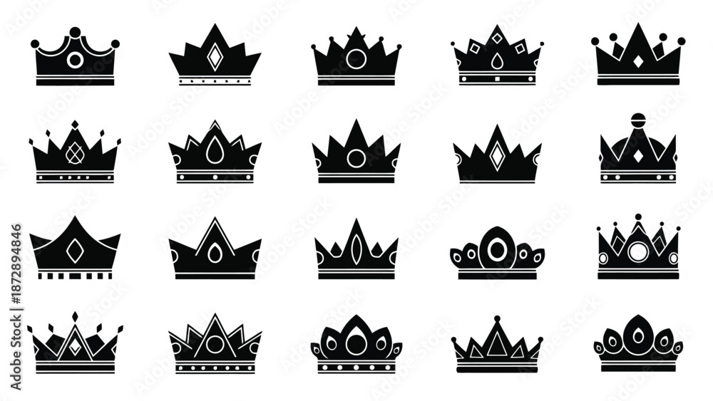 Obraz premium A collection of twenty black silhouette icons representing various types of crowns, displayed in a grid formation against a white background.