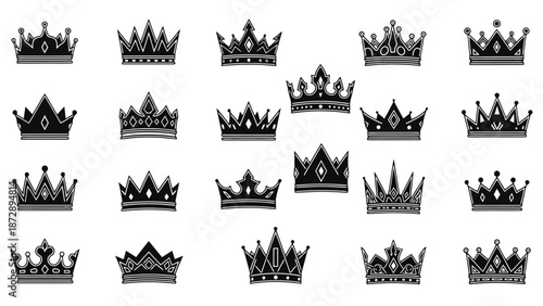 A collection of twenty-four black and white illustrations of various crowns, each with unique designs and embellishments.