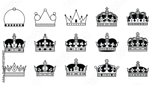 A collection of diverse crown illustrations, showcasing various royal headwear designs.