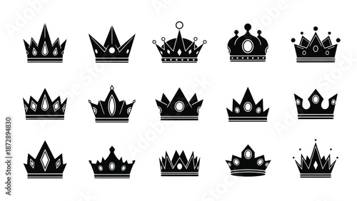 A collection of fifteen black silhouette icons representing various royal crowns, each with unique designs and embellishments.