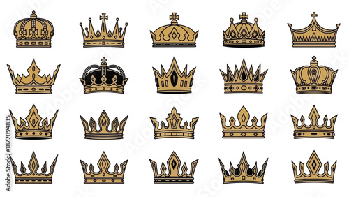 A collection of twenty ornate crowns, each uniquely designed with intricate details and regal embellishments.