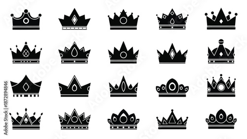 A collection of twenty black silhouette icons representing various types of crowns, displayed in a grid formation against a white background.