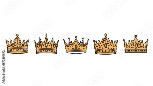 A collection of five ornate golden crowns, each uniquely designed with intricate details and jeweled accents, displayed in a horizontal line against a white background.