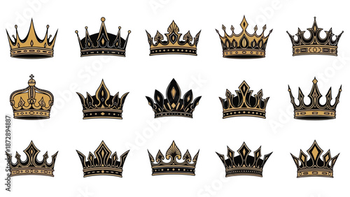 A collection of ornate golden and black crowns, symbolizing royalty and power, displayed in a grid.