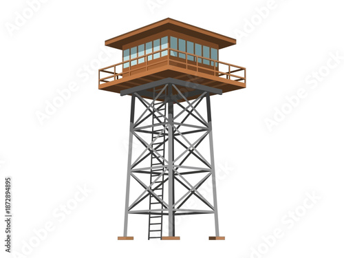 Elevated Watchtower Structure with Observation Deck and Metallic Support Framework on White