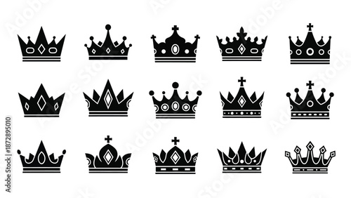 A collection of fifteen black and white illustrations of various crown designs, showcasing different royal headwear.