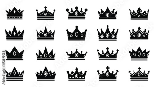 A collection of twenty black silhouette icons representing various royal crowns and tiaras, displayed in a grid.
