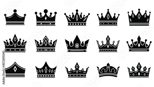 A collection of fifteen black silhouette icons representing various royal crowns and tiaras.