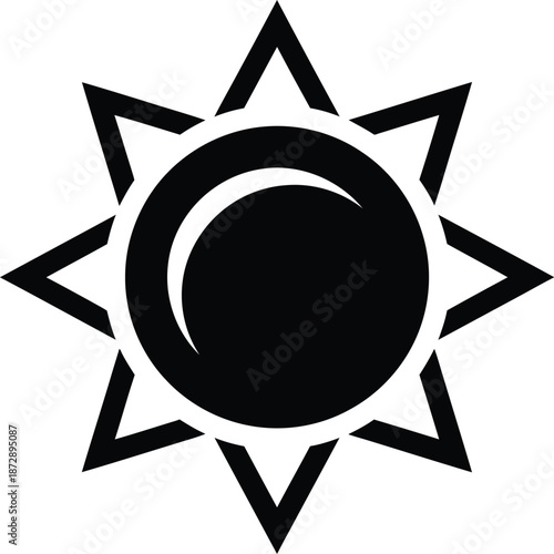 Black sun icon representing brightness and weather, perfect for web and app interfaces