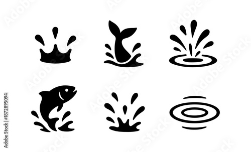 Set of black icons depicting water splashes and jumping fish on a white background