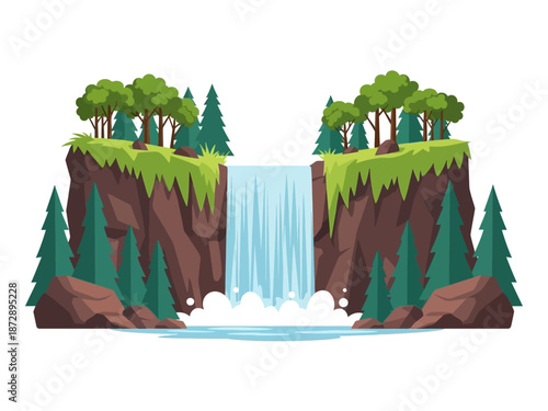 Tranquil Waterfall Illustration Lush Cliffside Cascade with Evergreen Trees