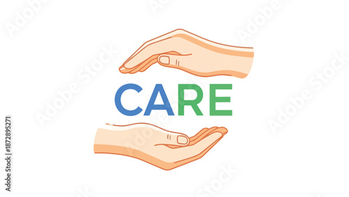 Gentle hands cradling the word 'CARE', representing universal support and well-being