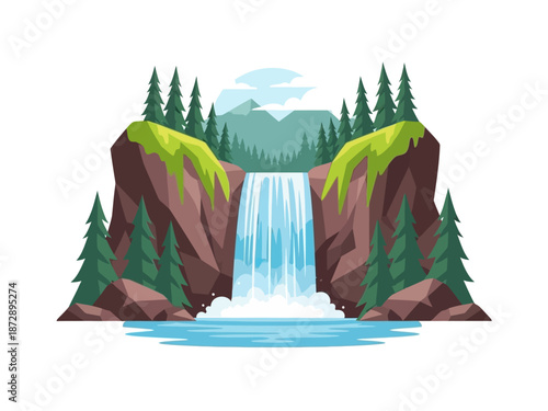 Majestic Waterfall Cascade A Serene Cartoon Landscape Illustration