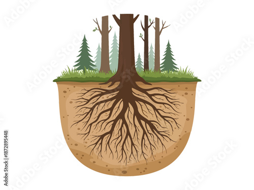 Rooted Forest Cross-Section View of Tree Roots Underneath the Soil with Spruce Trees