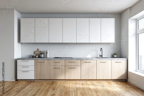 Modern kitchen with white cabinets and wooden lower units.