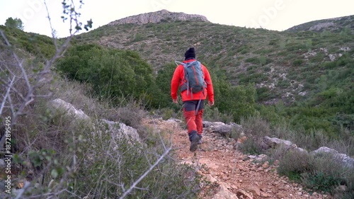 Back view of a man hiking outdoors on a winter day.