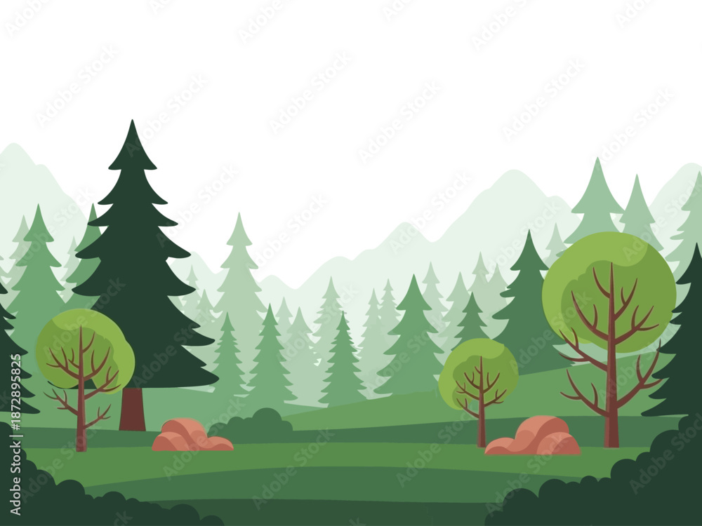 Fototapeta premium Lush Green Forest Landscape with Towering Trees and Misty Mountains
