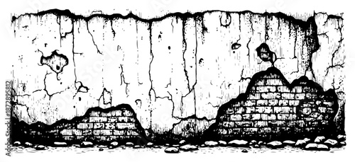 Old brick wall with peeling plaster and ruined texture in sketch style