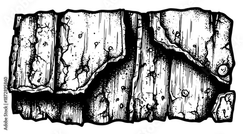 Hand drawn sketch of broken wooden board with cracks and rough texture