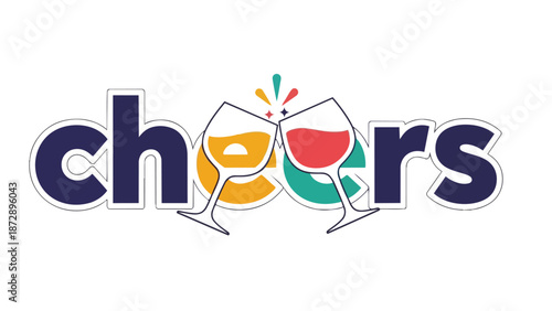 A vibrant celebratory graphic design featuring the word 'cheers' elegantly depicted with two wine glasses clinking, symbolizing friendship, joy, and