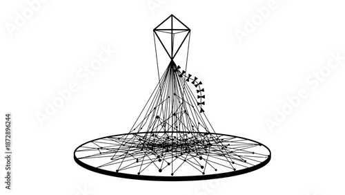 Vector illustration of a flying airplane and saucer near a vintage 3d technology tower with a metal satellite antenna and radar sketch line design against a blue sky