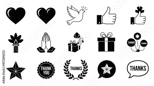 Set of black vector icons including a heart symbol and Christmas tree illustration for a holiday wedding celebration gift and party decoration collection