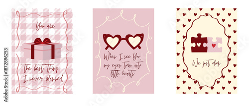 Valentine's Day greeting card vector set. Vertical templates: gift box, heart sunglasses, puzzle pieces. Cute coquette style illustrations with romantic quotes for 14 February. Valentines Day cards