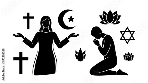 Black vector silhouette illustration of Jesus Christ with a cross featuring religious symbols in a stylish art design for people