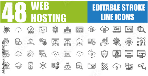 Web Hosting Icon Set - Internet, Cloud Computing, Server, Database, SSL Certificate, FTP, Domain Name, Firewall, Data Hosting, Website, Hosting Service, cPanel, Server Management and More - Editable L
