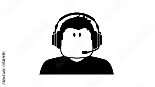 A vector illustration of a young man silhouette with headphones and a business woman wearing a headset symbolizing customer service and call center communication support for people