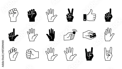 Vector illustration set of human hand gestures featuring finger icons, palm silhouettes, and thumb signs for people to use in creative art design