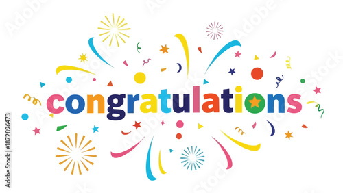 Colorful 'Congratulations' message adorned with festive confetti, streamers, and stars, celebrating achievement and joy in a vibrant, dynamic