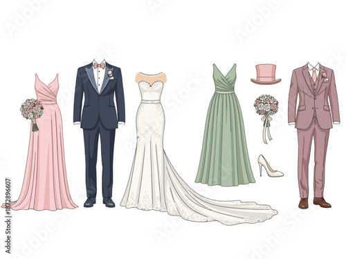 Wedding Party Attire Groom's Suit, Bridesmaid Dresses & Bridal Gown Illustration