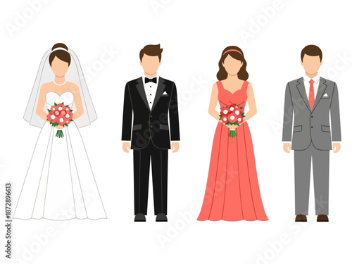 Elegant Wedding Party Bride, Groom, Bridesmaid, and Groomsman in Formal Attire Illustration