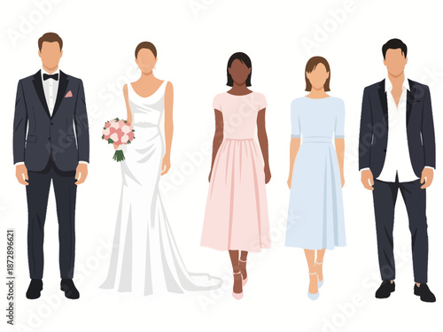 Elegant Wedding Party Illustration Diverse Attire for a Special Day