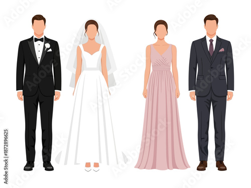 Elegant Wedding Party Bride, Groom, and Attendants in Formal Attire Vector Illustration