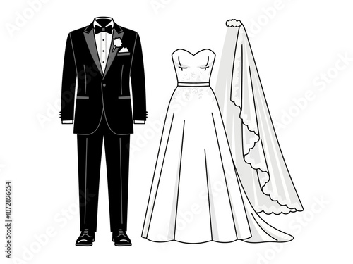 Elegant Wedding Ensemble Groom's Tuxedo and Bride's Gown Illustration