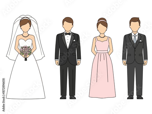 Wedding party attire illustration with bride, groom, bridesmaid, and groomsman