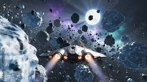 A sleek spacecraft navigates a treacherous asteroid field under the watchful glow of a distant moon, journeying into the vast unknown of the cosmos