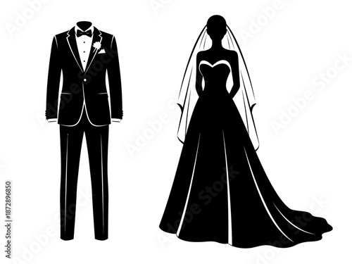 Elegant Wedding Attire Groom's Suit and Bride's Gown Black Silhouette Design