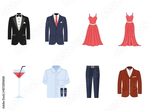 Elegant Attire Collection Flat Vector Icons of Formal and Casual Fashion