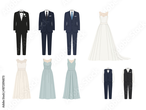 Elegant Wedding Attire Suits, Dresses & Formalwear Illustration