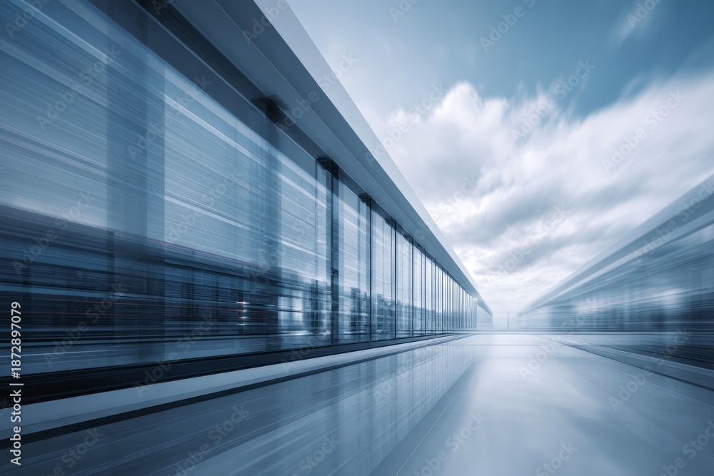 Obraz premium Modern architecture blurs with motion under a cloudy sky.