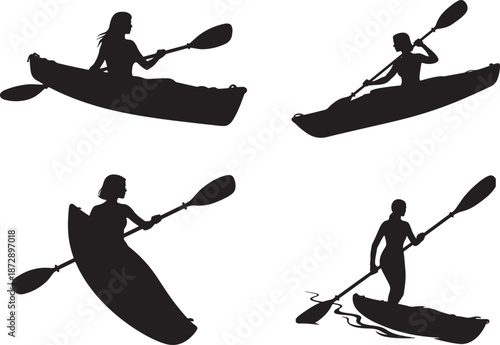 Collection of Woman Kayaking and Canoeing Silhouettes Vector Illustration Set, Adventurous Water Sport Activities, Outdoor Recreation, Paddling with Oars, Kayaker Lifestyle Graphic Clip Art